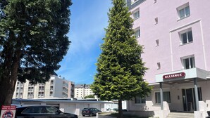 A hotel with a sign reading "ALLIANCE" on the facade, a parking area with a sign indicating "PARKING PRIVE HOTEL ALLIANCE," and a large tree in the foreground. - Hôtel Alliance Lourdes (Lourdes)