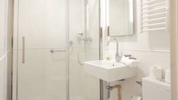 A modern bathroom with a glass shower enclosure, a white sink, and a toilet.