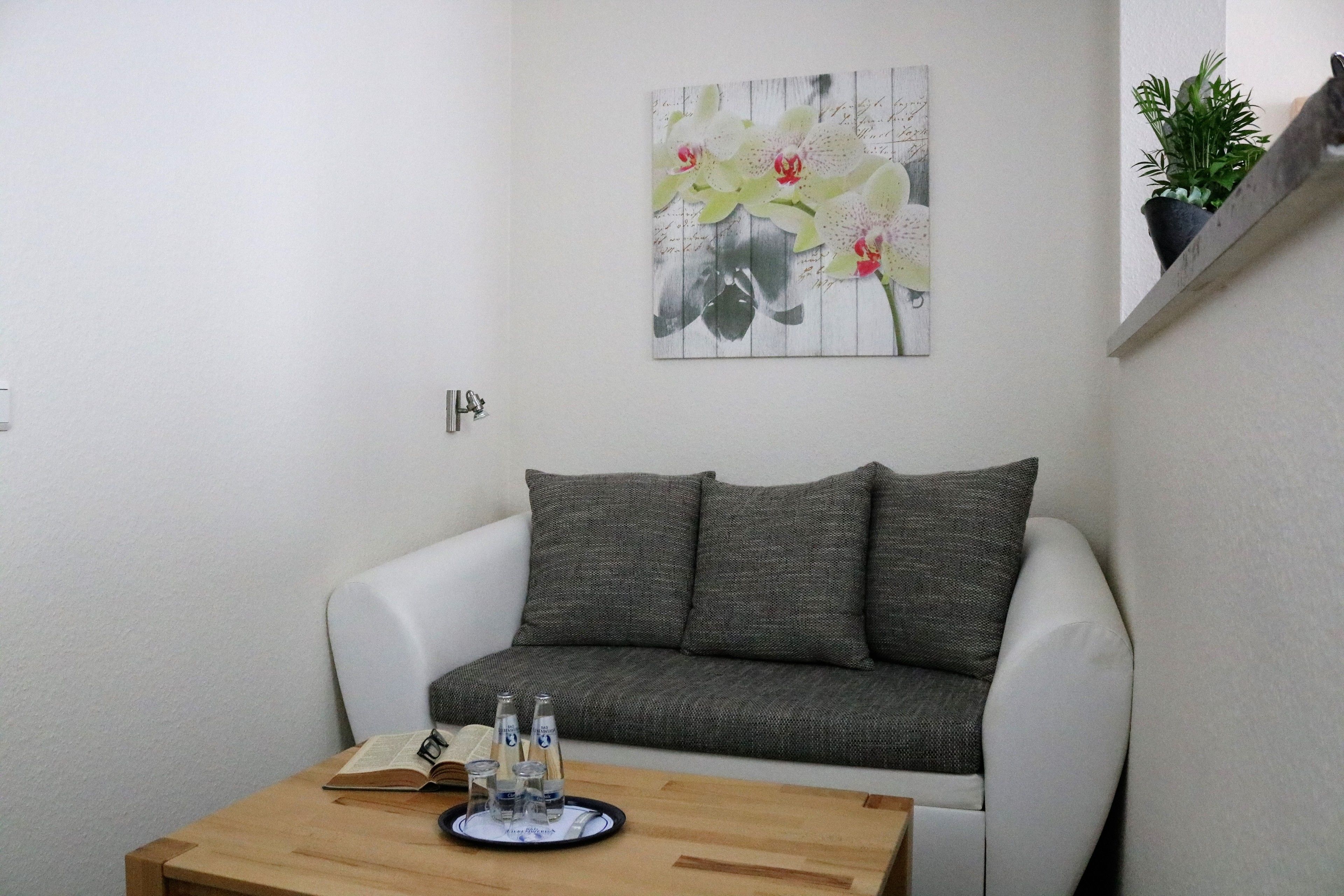 A small, cozy room with a white sofa, a wooden coffee table with a book and glasses, and a wall-mounted painting of orchids.