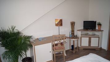 Ein kleines Zimmer mit Schreibtisch, Stuhl, Fernseher und einer Topfpflanze.