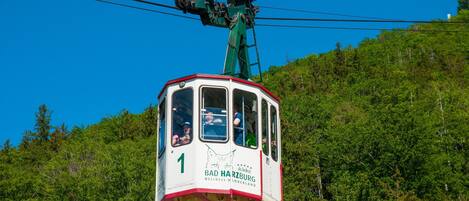 Eine Seilbahn mit Fahrgästen, mit der Aufschrift "Bad Harzburg Wellness-Wunderland", schwebt über einem bewaldeten Hügel.