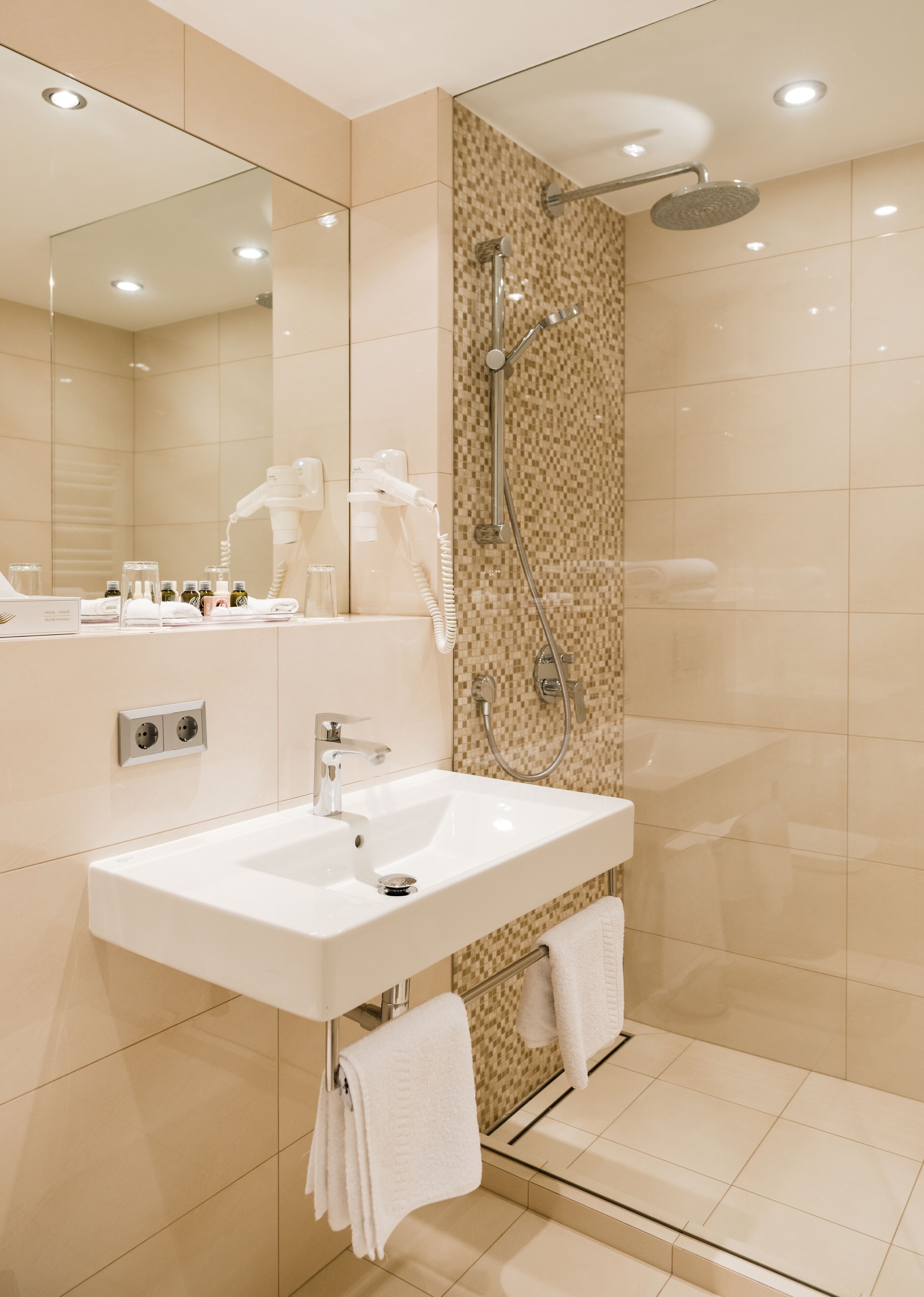 shower, rainfall showerhead, eco-friendly toiletries, hair dryer