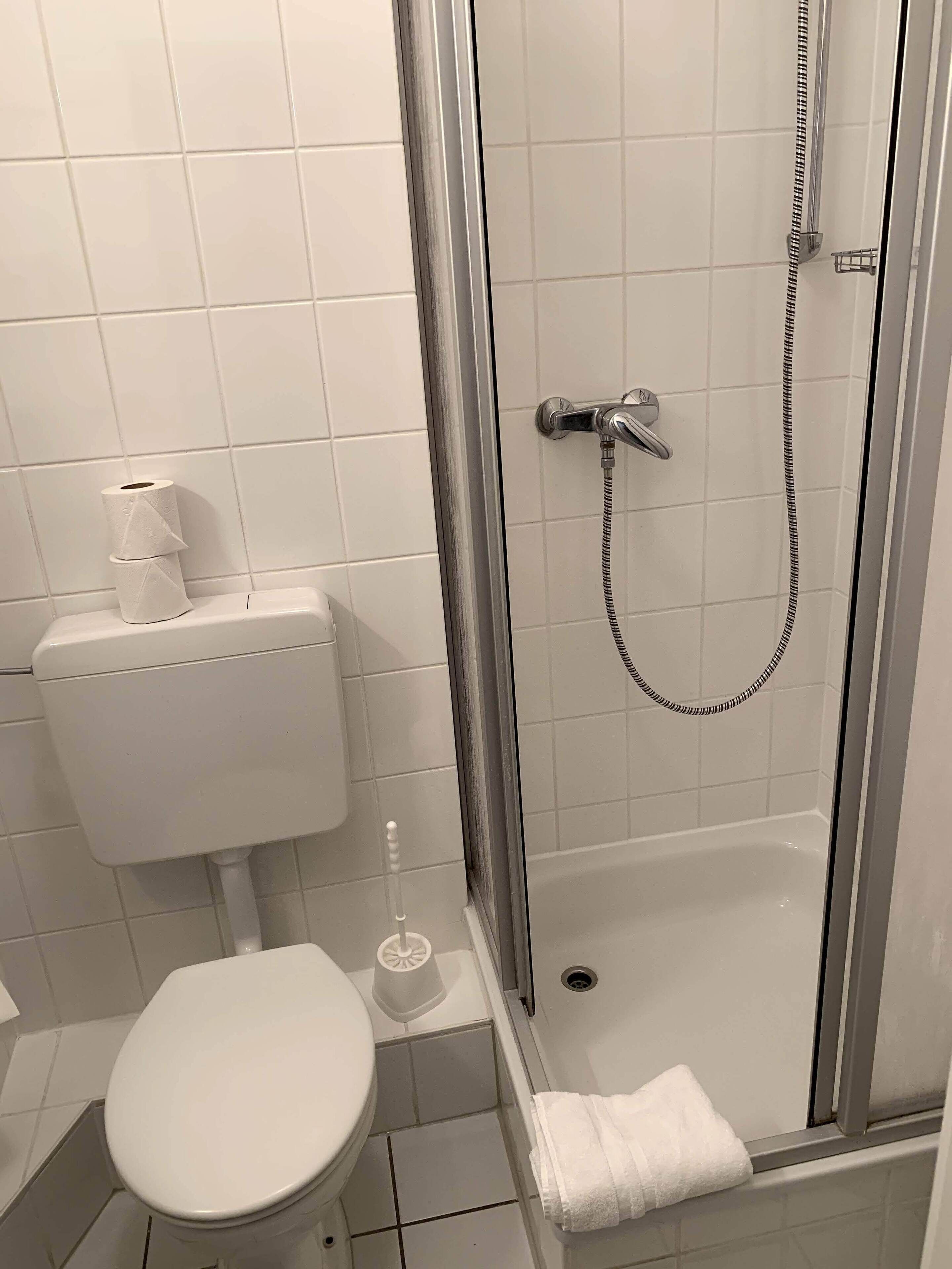 Un bagno con il water, una doccia con porta in vetro e un portasciugamani.