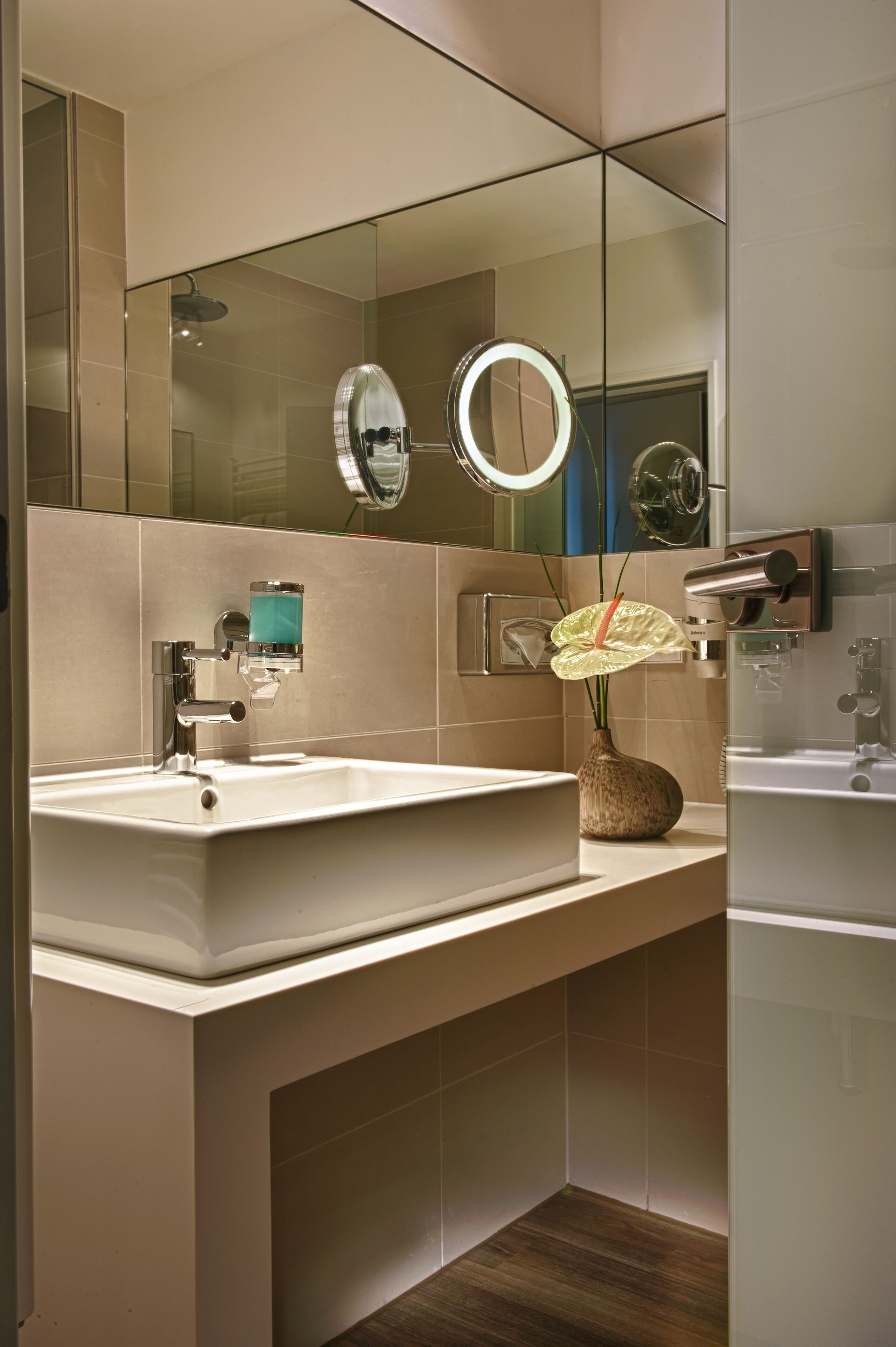 hair dryer, towels, soap, shampoo