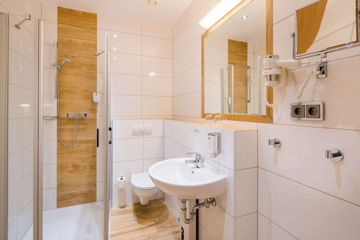 shower, free toiletries, hair dryer, towels