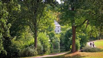 A pathway through a wooded area with a house in the background.