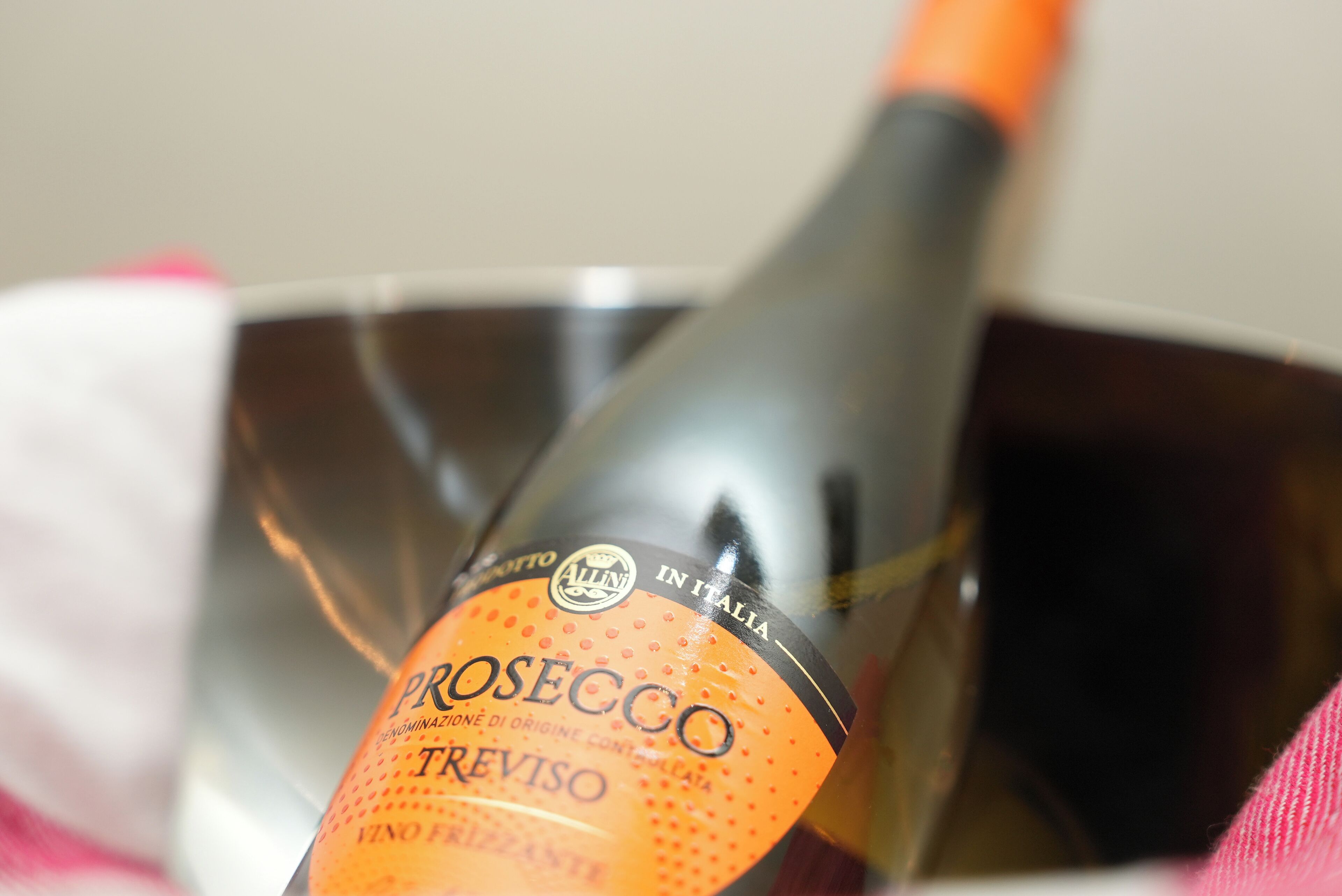 A bottle of Prosecco Treviso wine in a clear glass container.