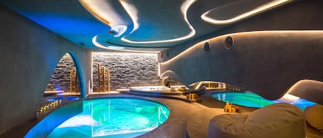 Indoor pool, open 8:30 AM to 8:00 PM, lifeguards on site