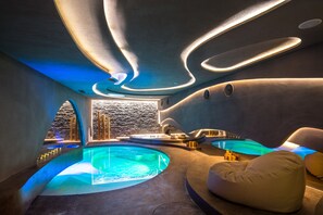 Indoor pool, open 8:30 AM to 8:00 PM, lifeguards on site