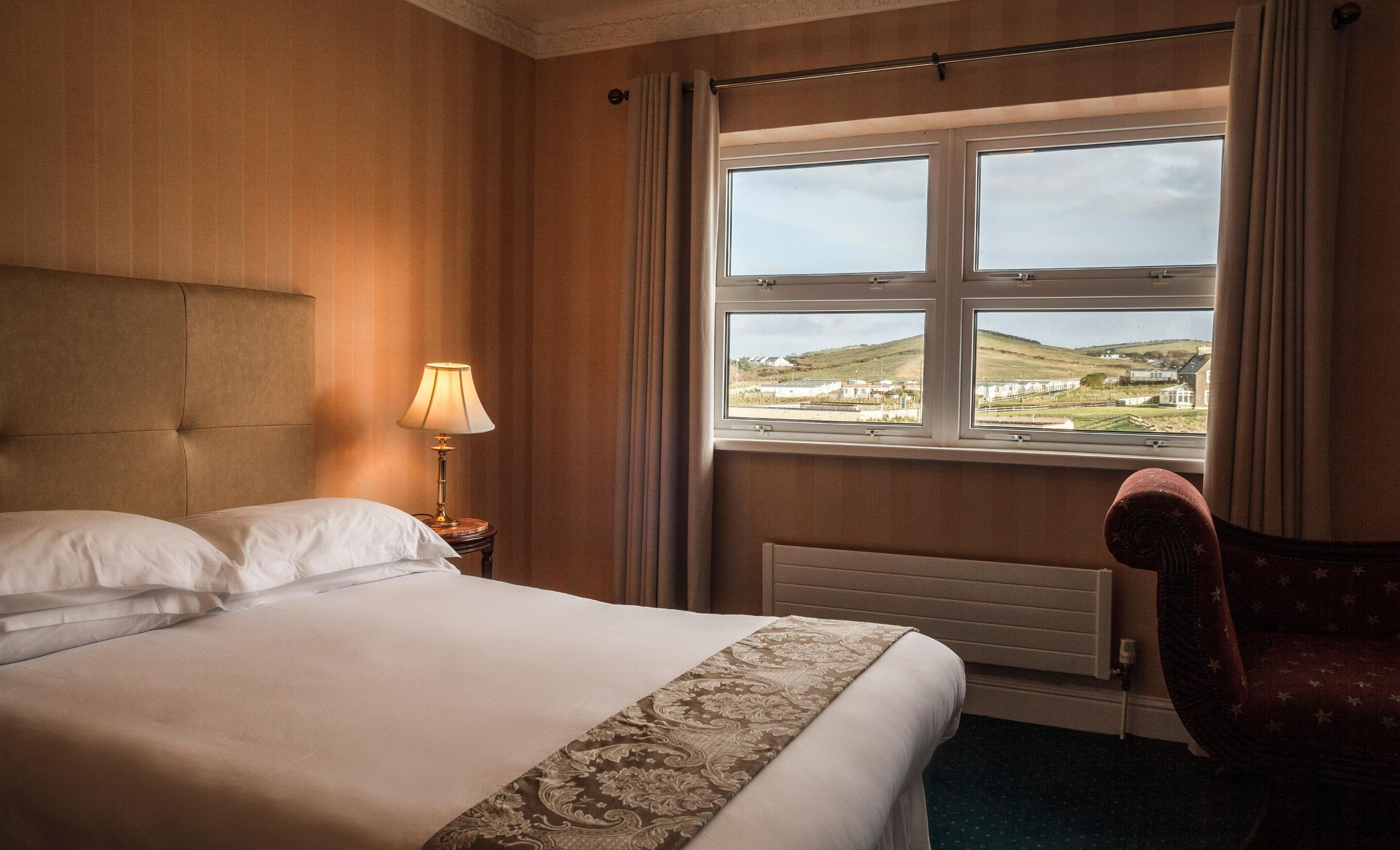 A hotel room with a bed, a nightstand with a lamp, a chair, and a window with a view of a landscape.