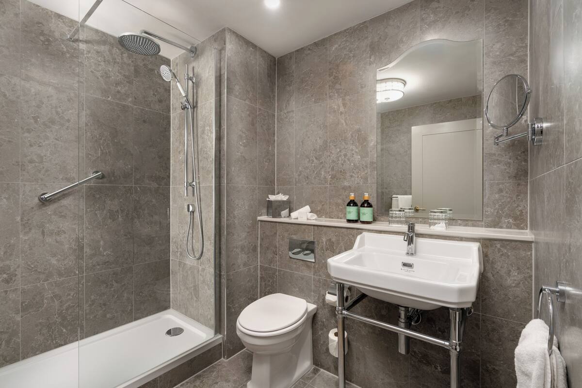 combined shower/bathtub, free toiletries, hair dryer, towels