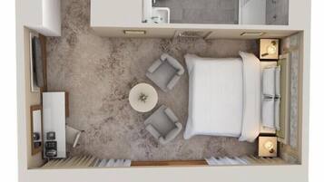 Distribución moderna de una habitación de hotel con cama, zona de estar y una pequeña kitchenette.