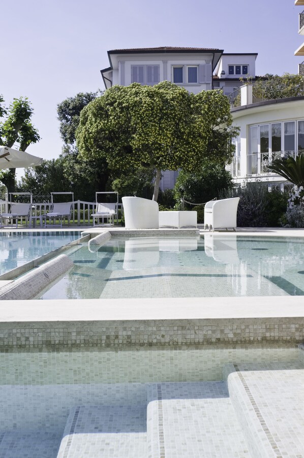 Seasonal outdoor pool, pool umbrellas, pool loungers