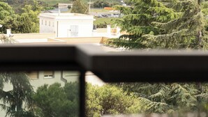 A view from a window overlooking a cityscape with a prominent dome structure in the distance. - Hotel Pineta Palace (Rome)