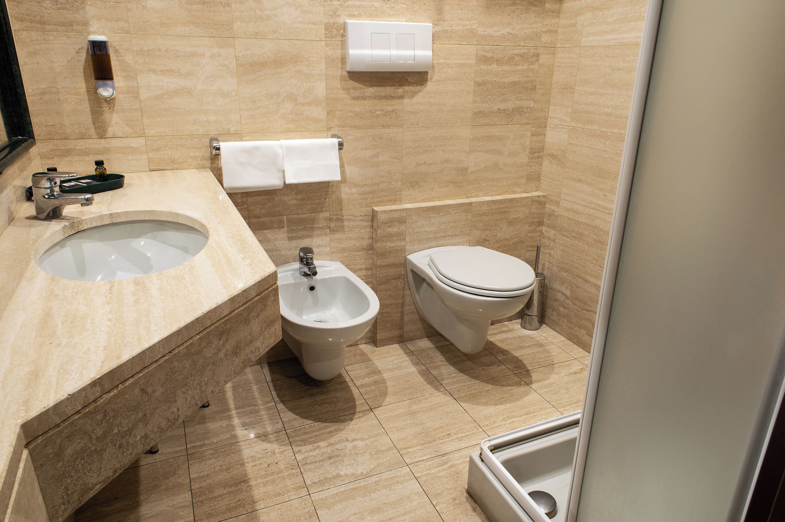 free toiletries, hair dryer, bidet, towels