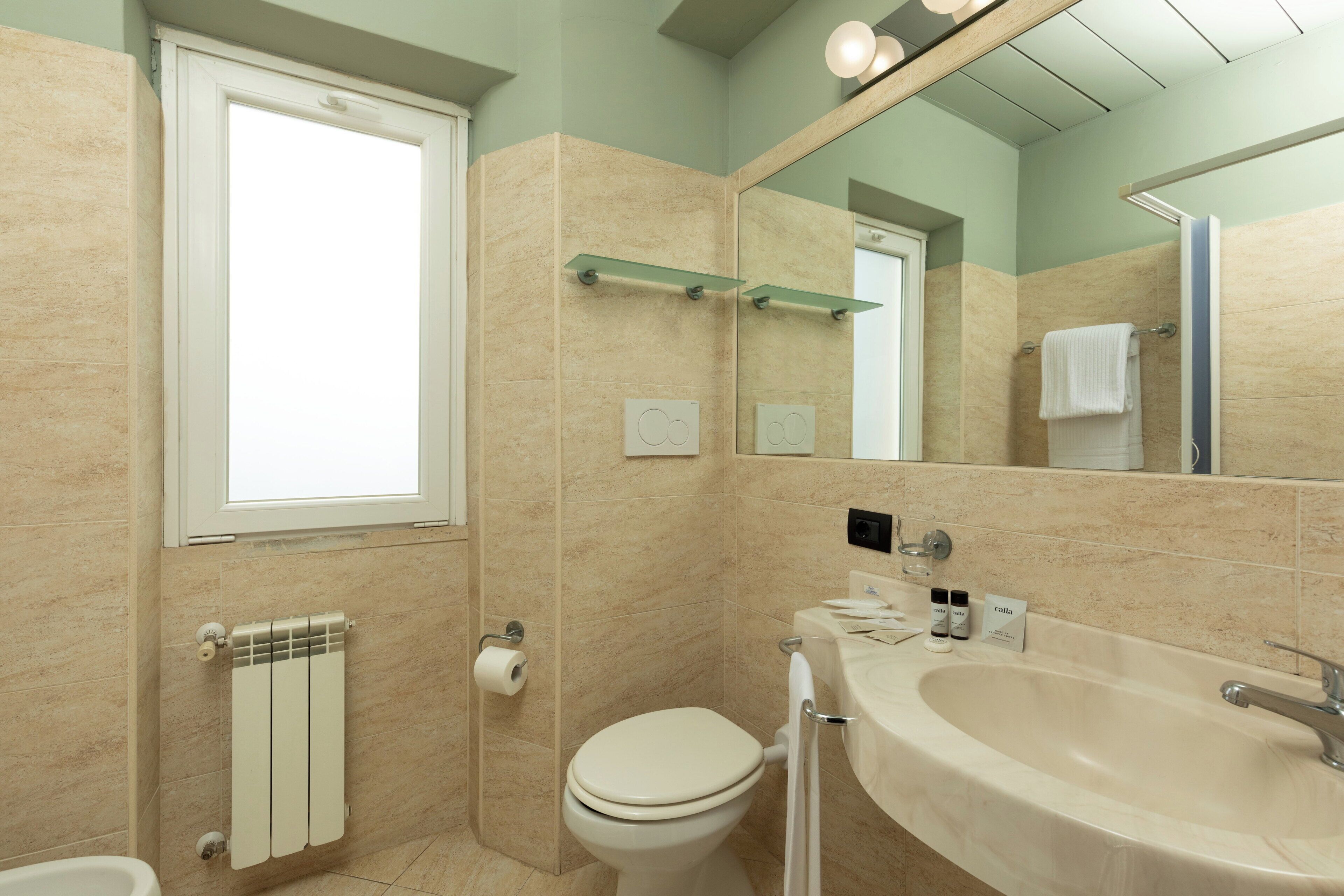 A modern bathroom with a toilet, sink, and mirror.