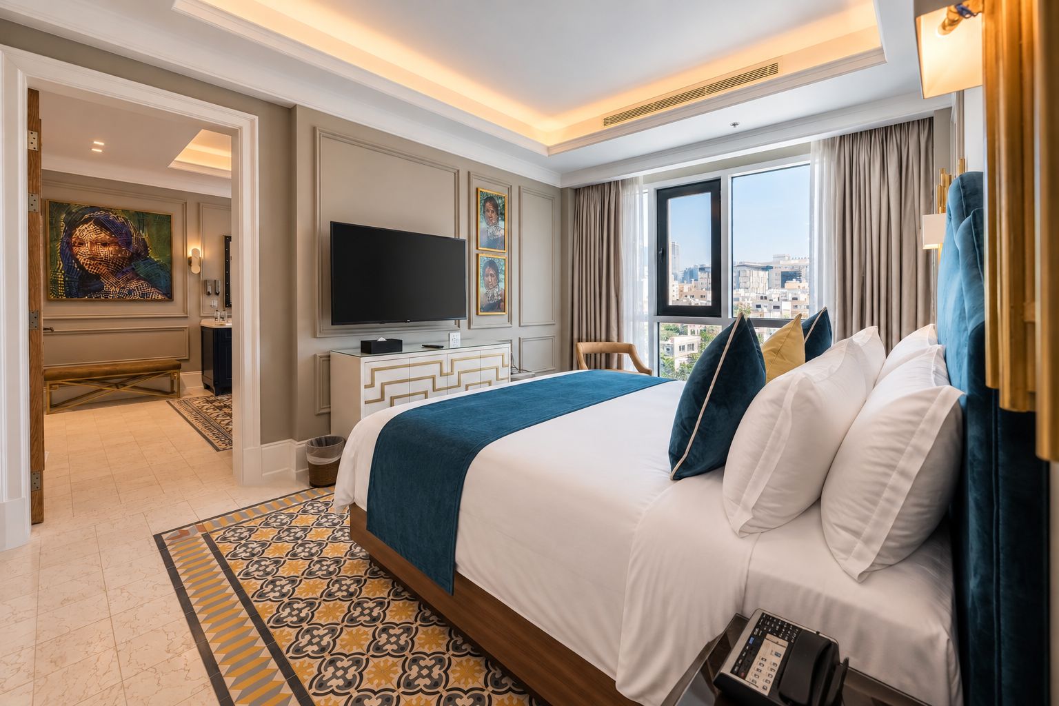 A hotel room with a large bed, a television, a desk, and a view of the city.