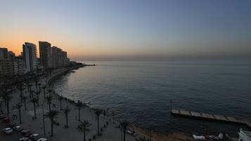 A coastal cityscape with high-rise buildings, a promenade lined with palm trees, and a calm sea.