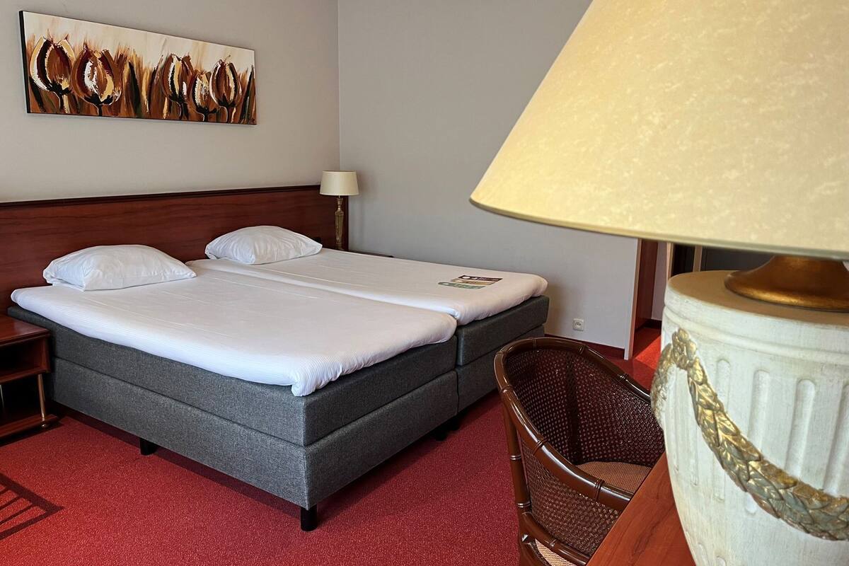 Une chambre d’hôtel avec un lit double, une table de chevet, une lampe, une chaise et un tableau au mur.