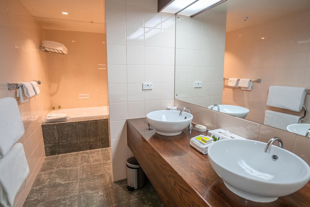 combined shower/bathtub, free toiletries, hair dryer, towels