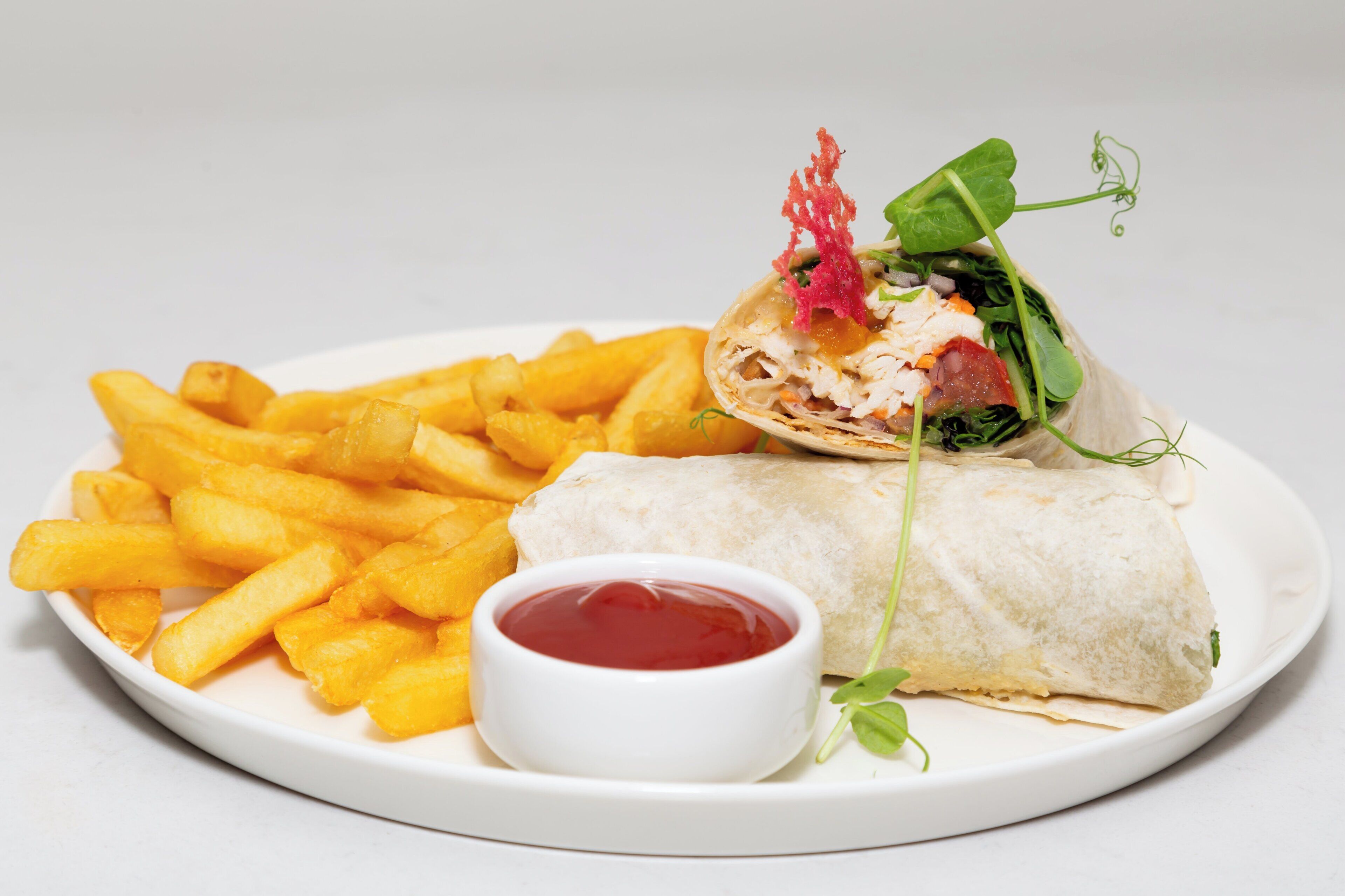 A plate with a wrap, fries, and a small bowl of ketchup.