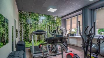 A gym with treadmills, elliptical machines, and exercise balls.