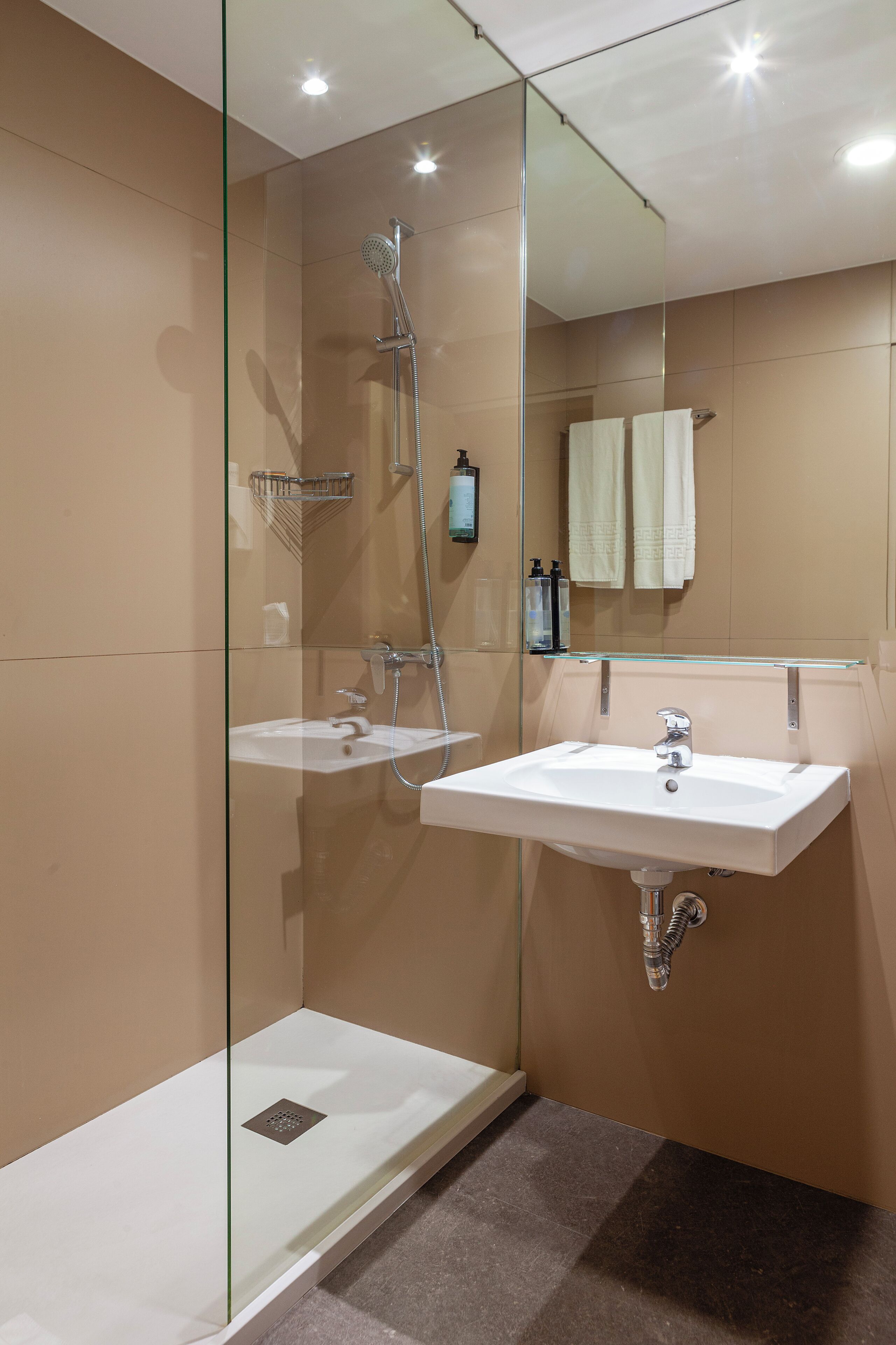 A modern bathroom with a glass-enclosed shower, a white sink, and a mirror above the sink.