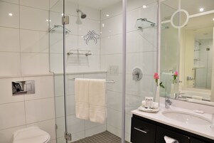 A modern bathroom with a glass shower enclosure, a white sink, and a large mirror.