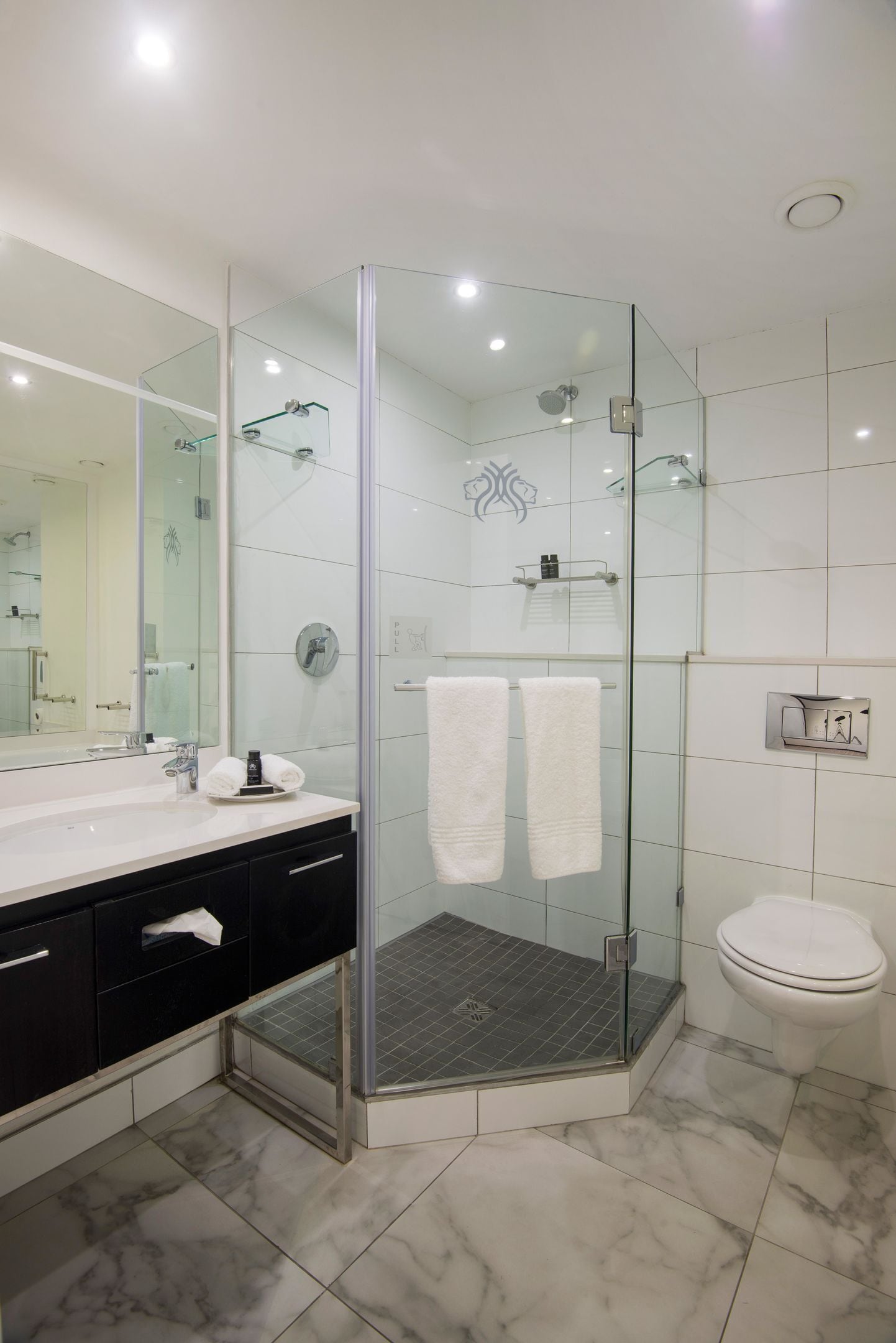 A modern bathroom with a glass-enclosed shower, a white sink, black cabinets, and a toilet.