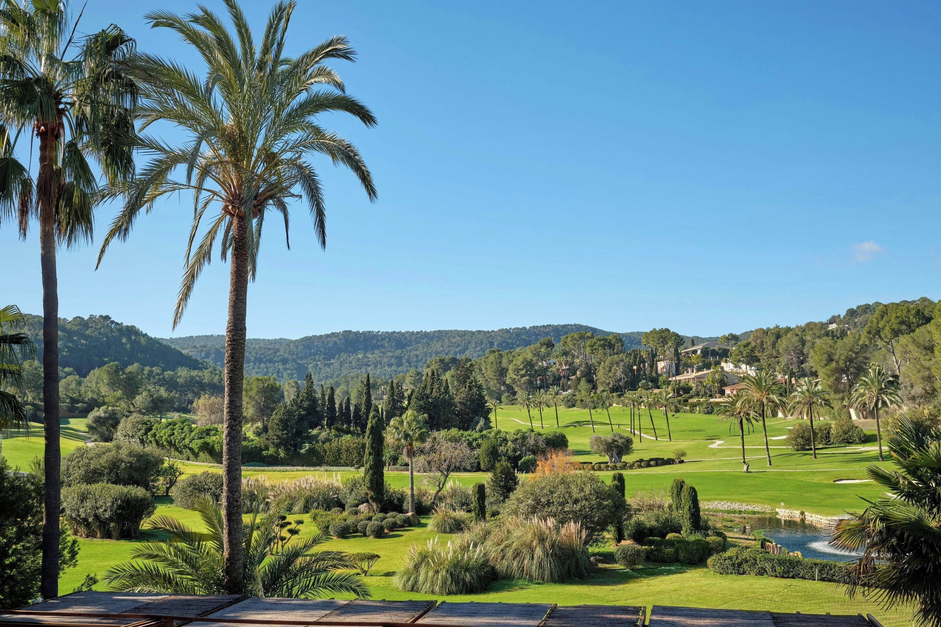 Un campo de golf con palmeras, un estanque y montañas al fondo.