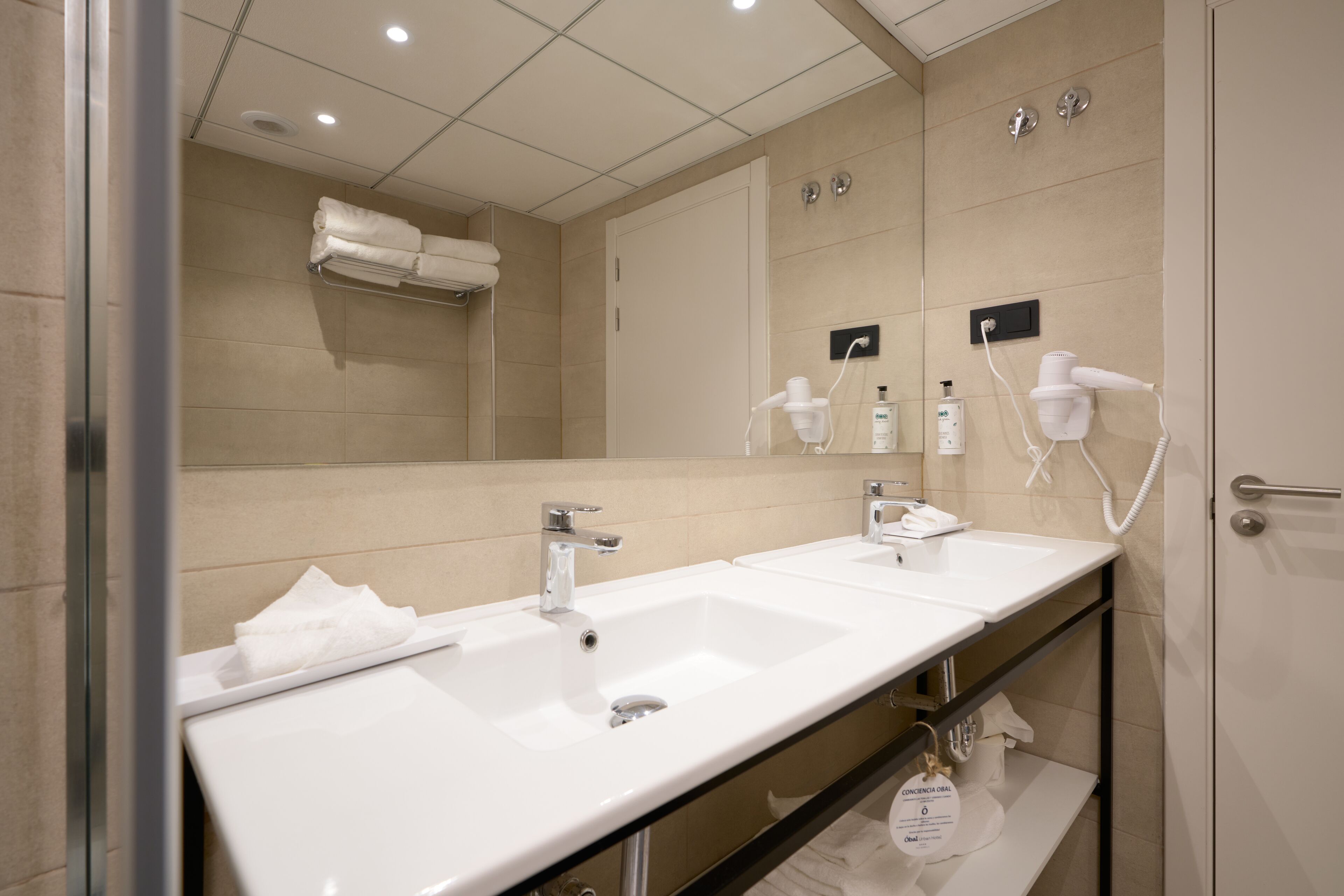 A modern bathroom with two sinks, a mirror, and a towel rack.