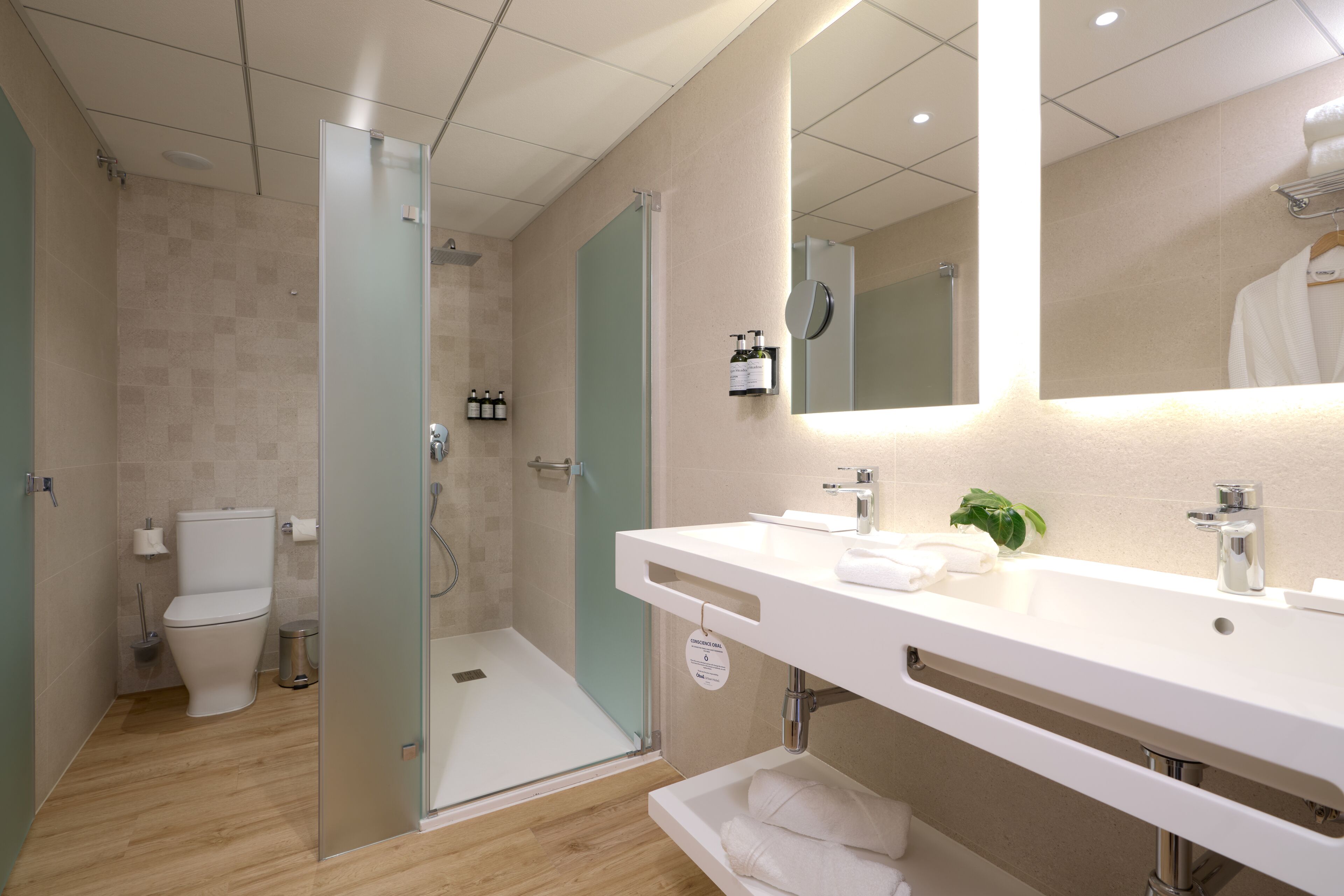 Een moderne badkamer met een glazen douchecabine, toilet, wastafel met spiegel en een handdoekhouder.