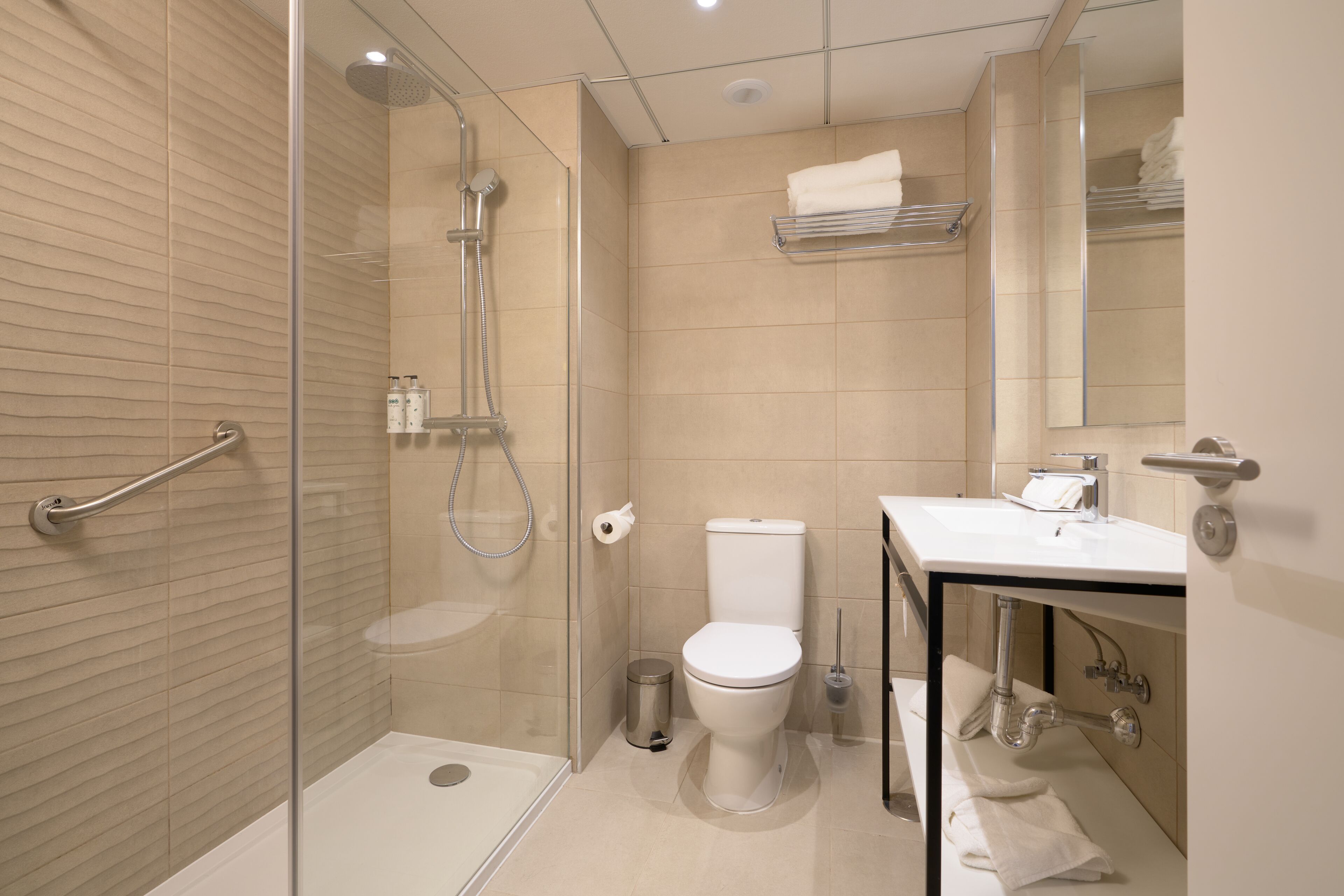 A modern bathroom with a glass-enclosed shower, a white toilet, and a sink with a mirror above it.