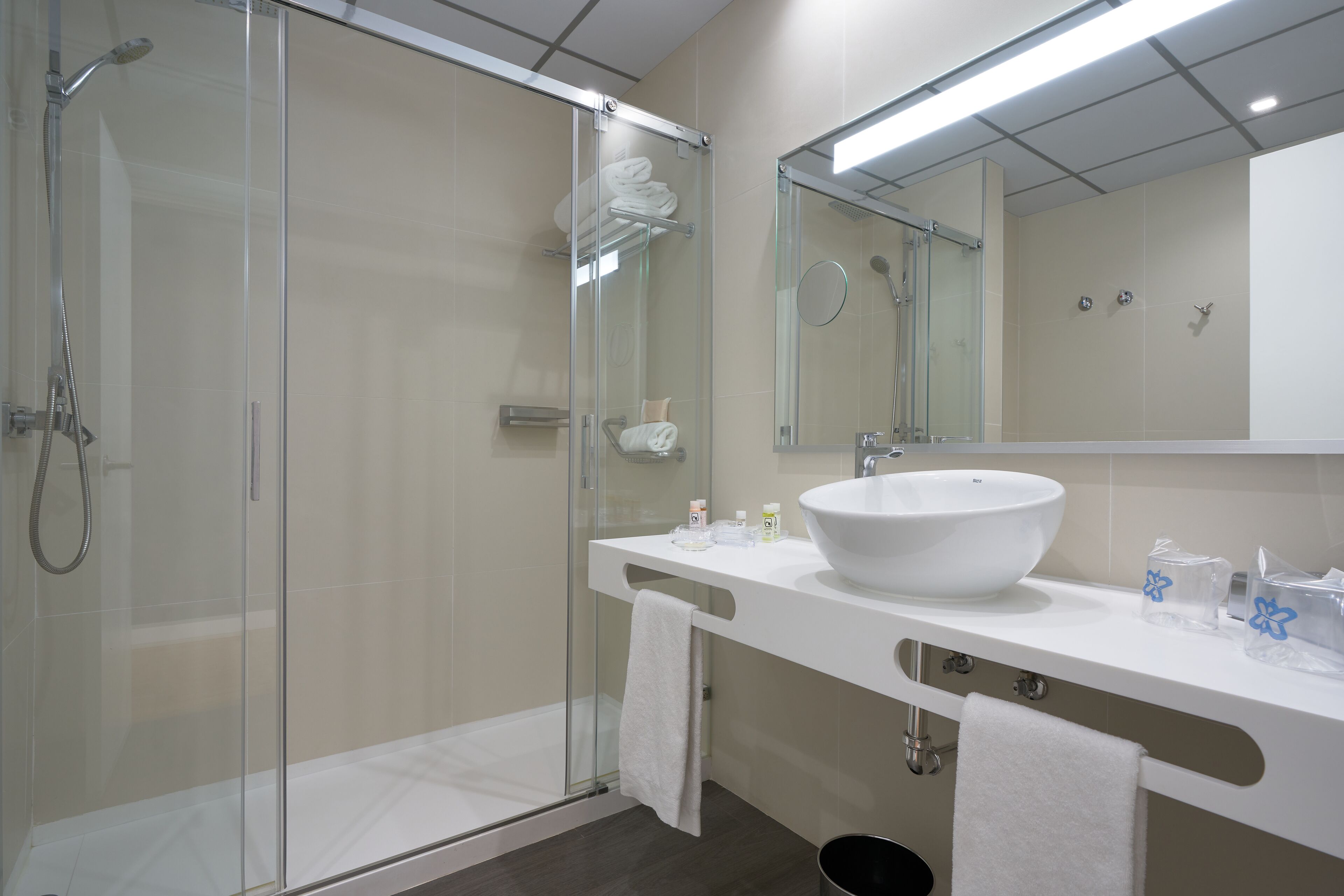 A modern bathroom with a glass shower enclosure, a white sink, and a large mirror.