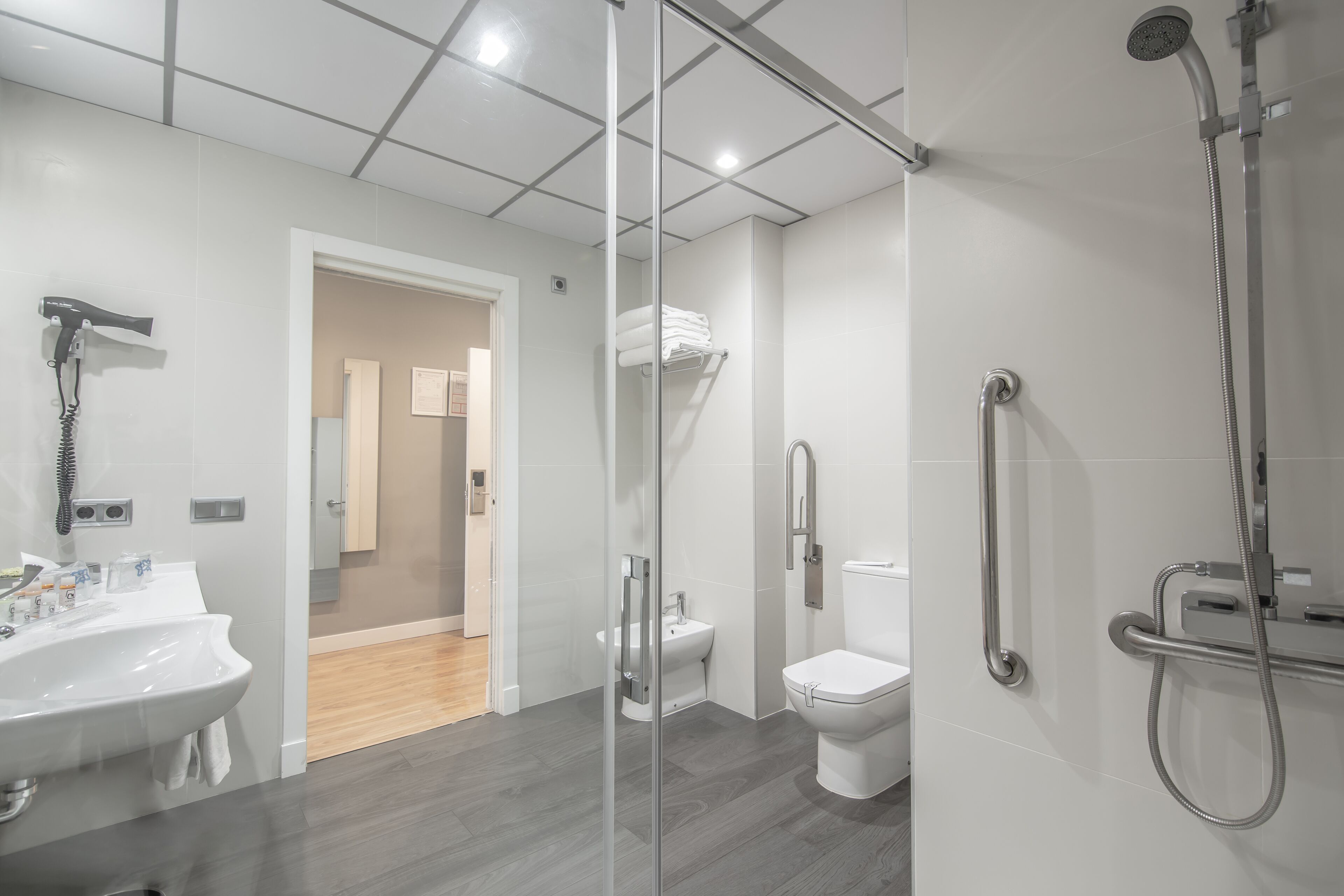 A modern bathroom with a glass shower enclosure, a white sink, and a toilet.