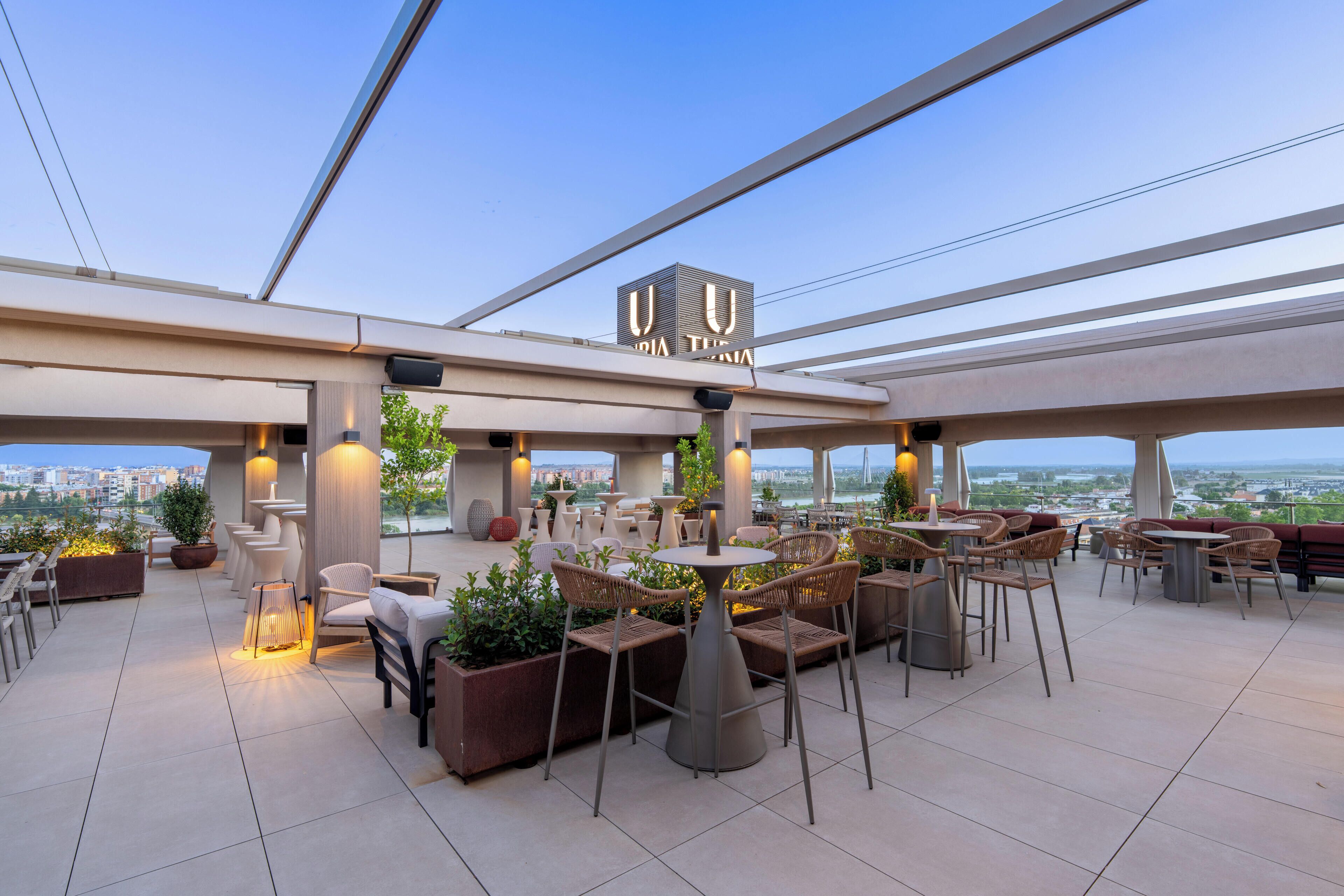 Une terrasse sur le toit, aménagée avec des espaces de détente en plein air, des plantes en pot et offrant une vue sur le paysage urbain.