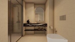 Deluxe Double Room with River View | Bathroom | Shower, free toiletries, hair dryer, towels