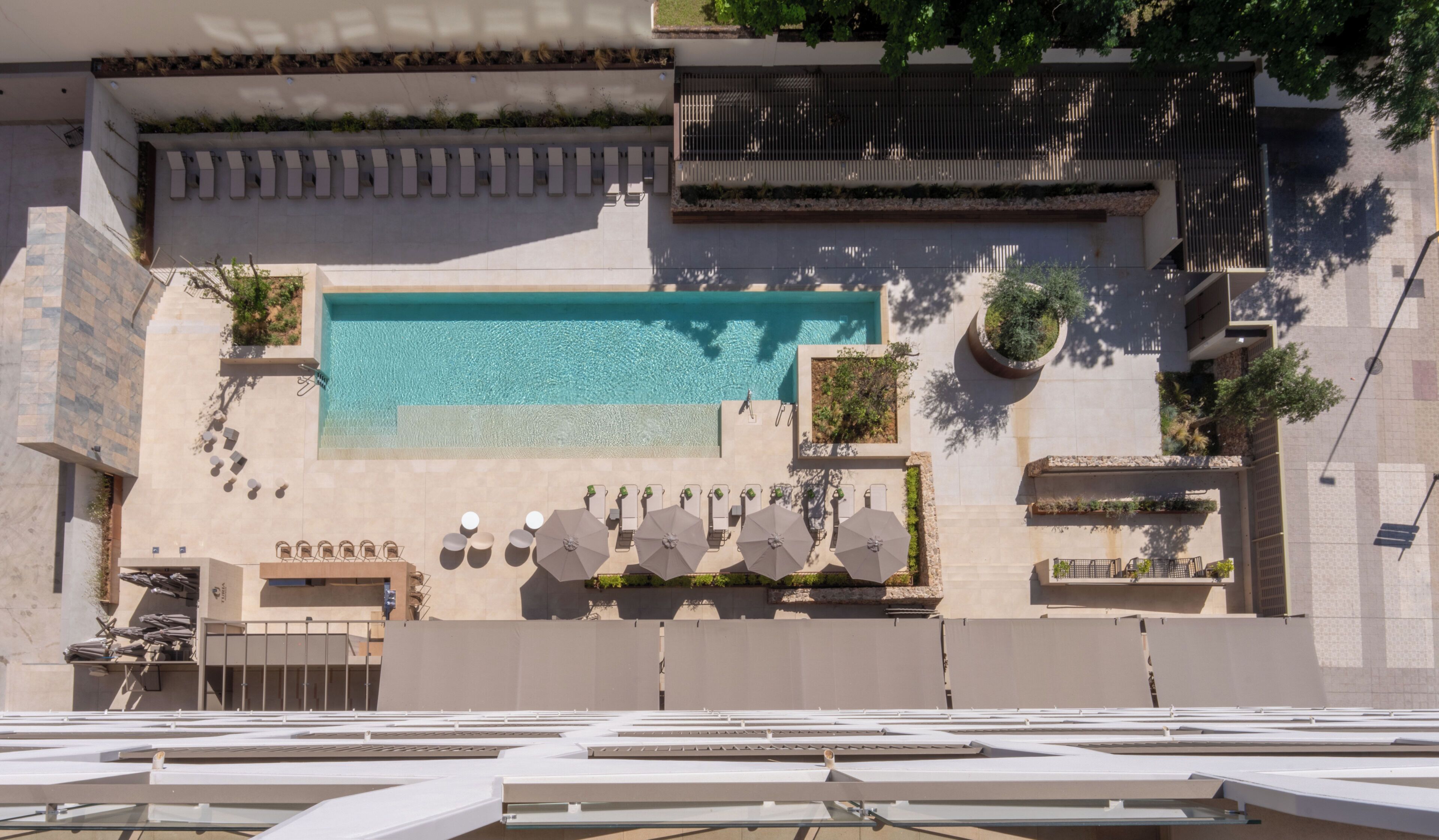 Seasonal outdoor pool, pool umbrellas, pool loungers