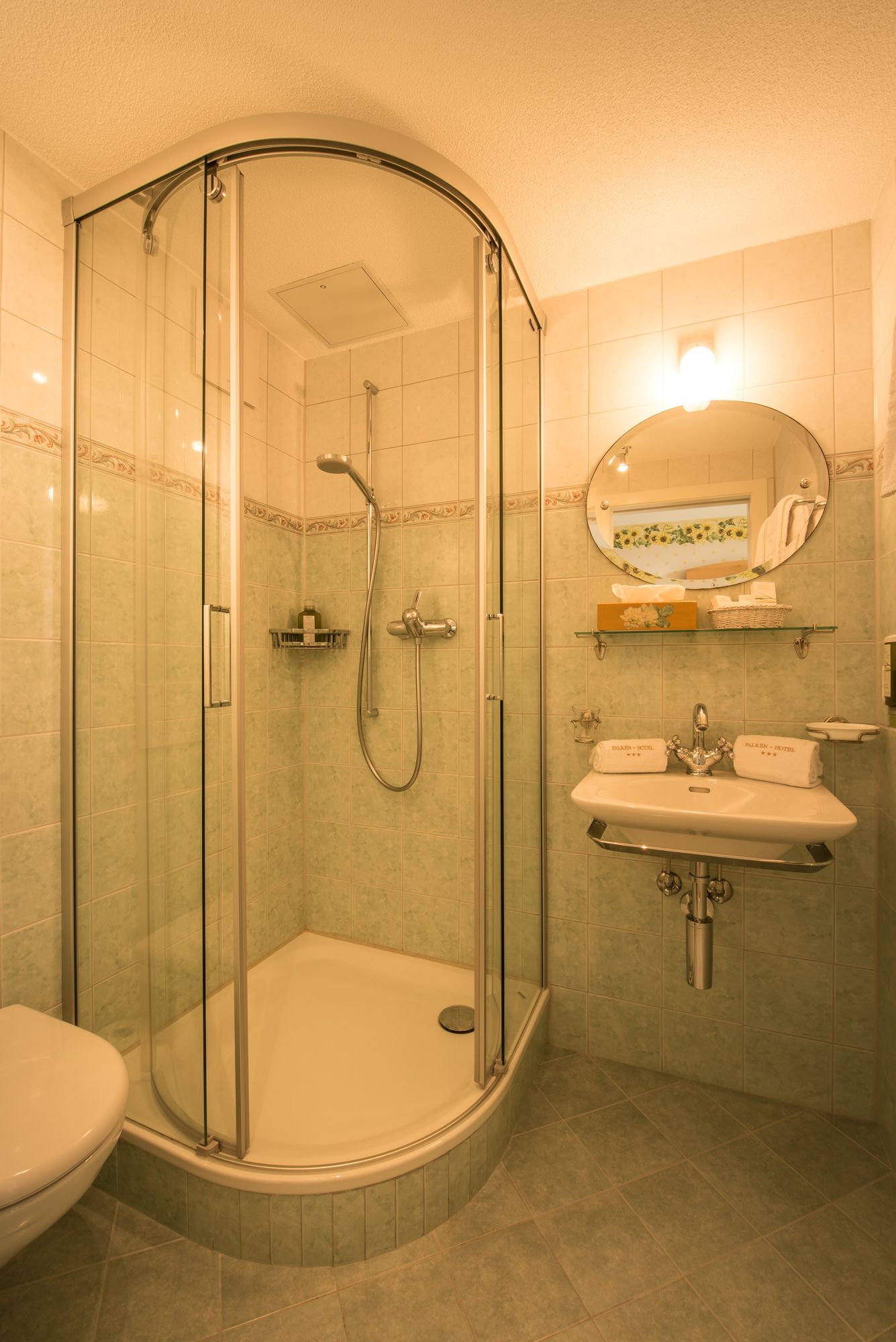 A glass-enclosed shower with a handheld showerhead, a sink with a mirror above it, and a toilet.