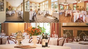 A dining area with tables set for a meal, large windows, and a chandelier. - Hotel Falken (Lauterbrunnen)