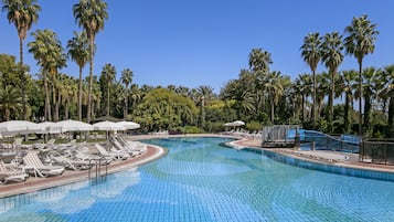 Outdoor pool, pool umbrellas, pool loungers