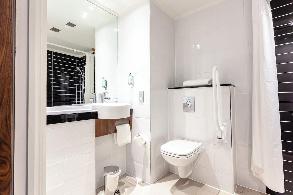 shower, eco-friendly toiletries, hair dryer, towels