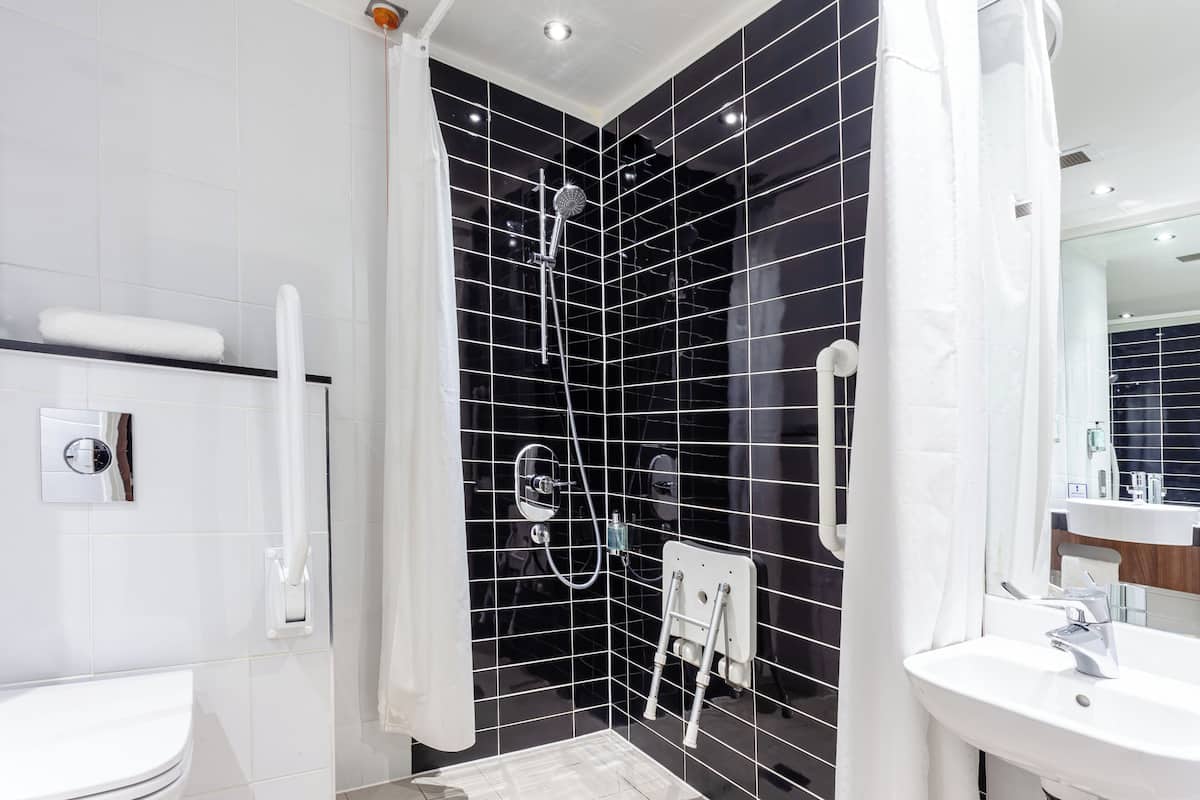 shower, eco-friendly toiletries, hair dryer, towels