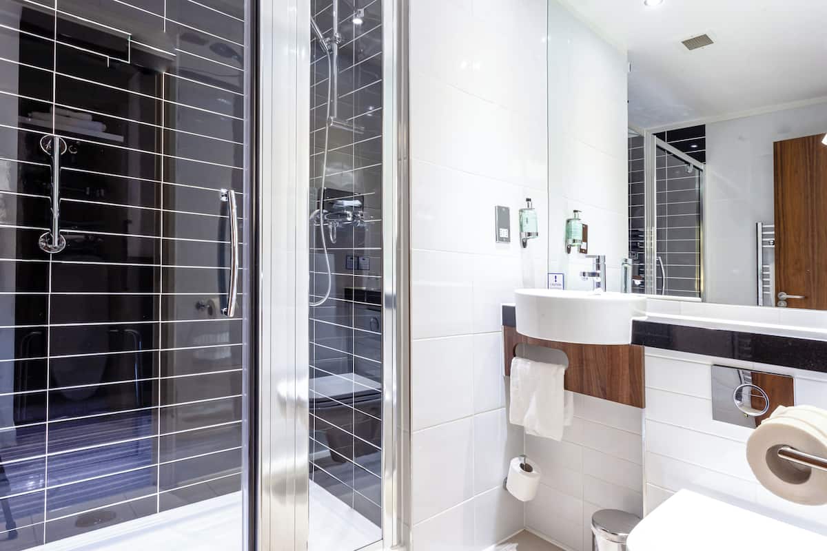 shower, eco-friendly toiletries, hair dryer, towels