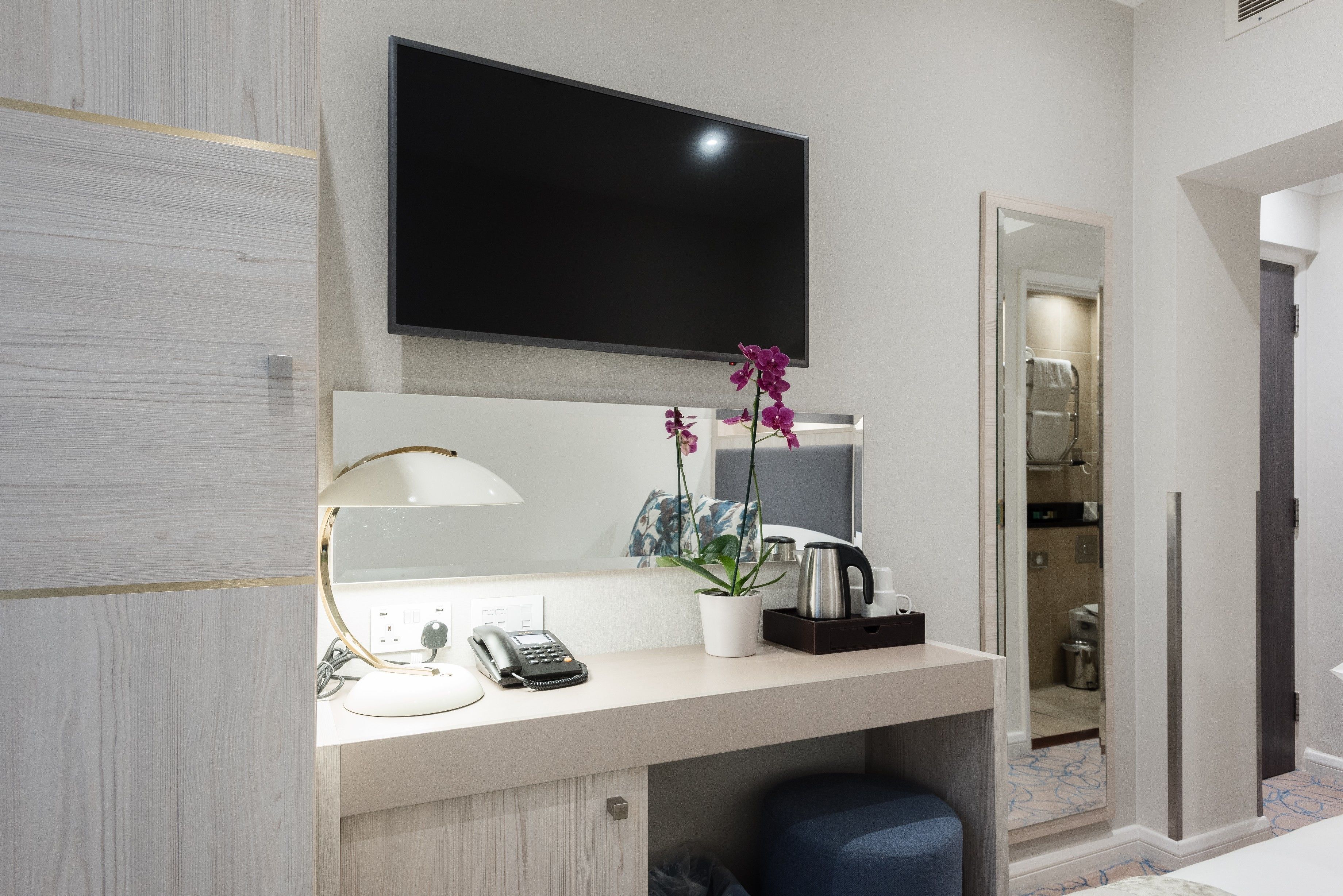 A hotel room with a desk, a flat-screen TV, a potted orchid, a coffee maker, and a shower area.