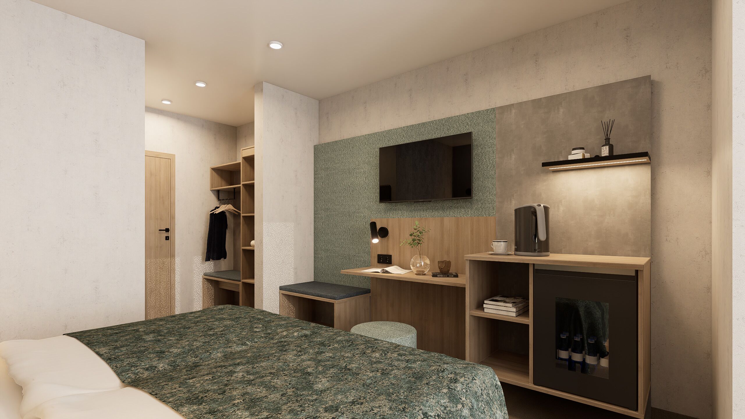 Ein modernes Schlafzimmer mit Bett, Schreibtisch, Fernseher und integrierten Regalen.