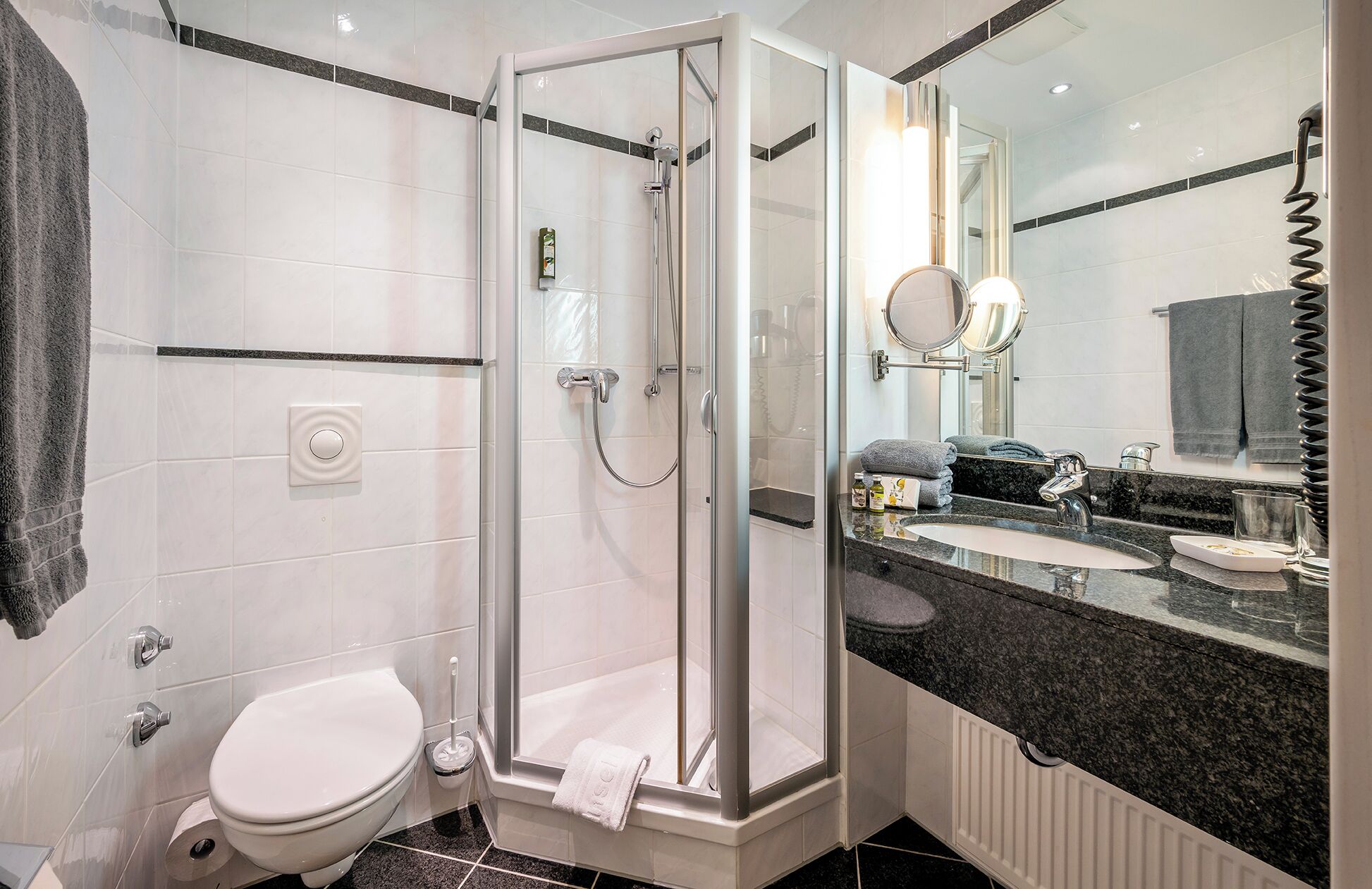 A modern bathroom with a glass-enclosed shower, a toilet, a sink with a mirror, and a towel rack.