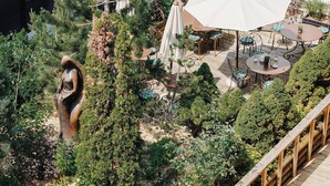 Jardín en la azotea con terraza de madera, zona de estar al aire libre y una estatua.