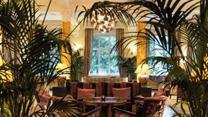 A well-lit lobby with a sofa, chairs, a table, and potted plants. - Cresta Palace (Celerina-Schlarigna)
