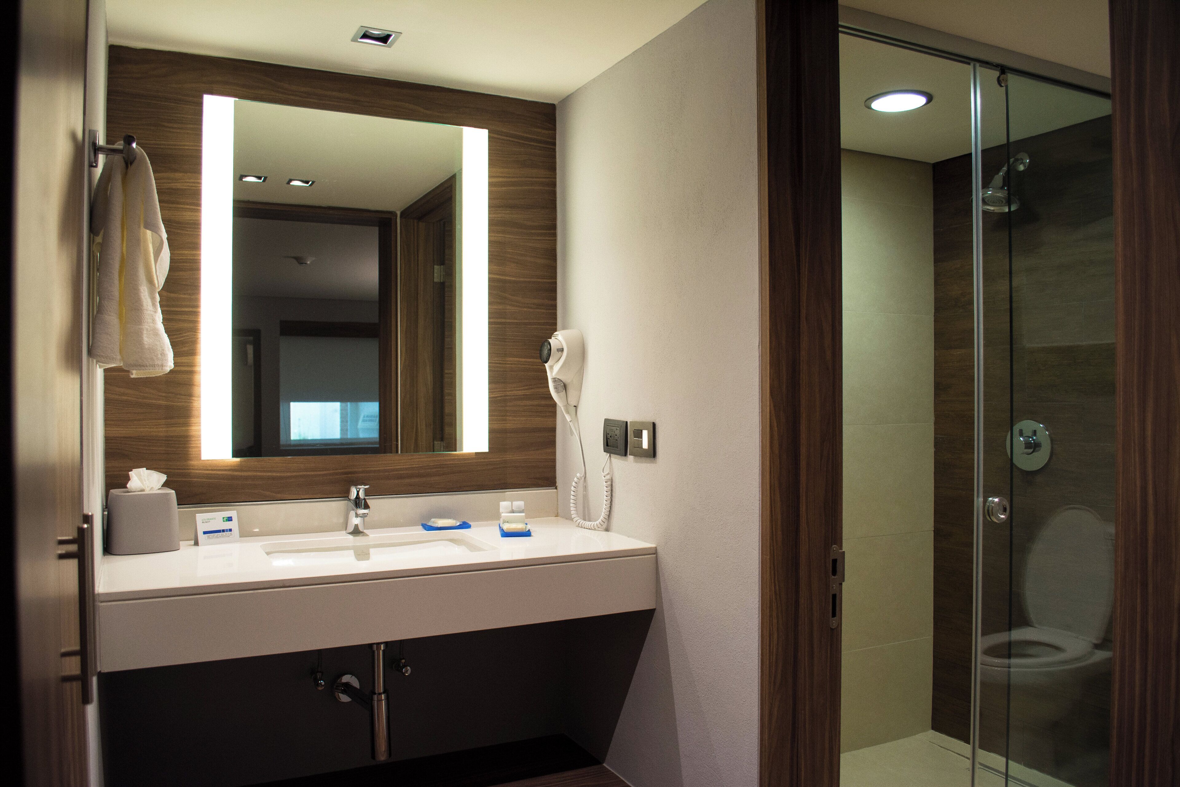 A modern bathroom with a large mirror, a sink with soap dispensers, a towel rack, and a glass-enclosed shower.